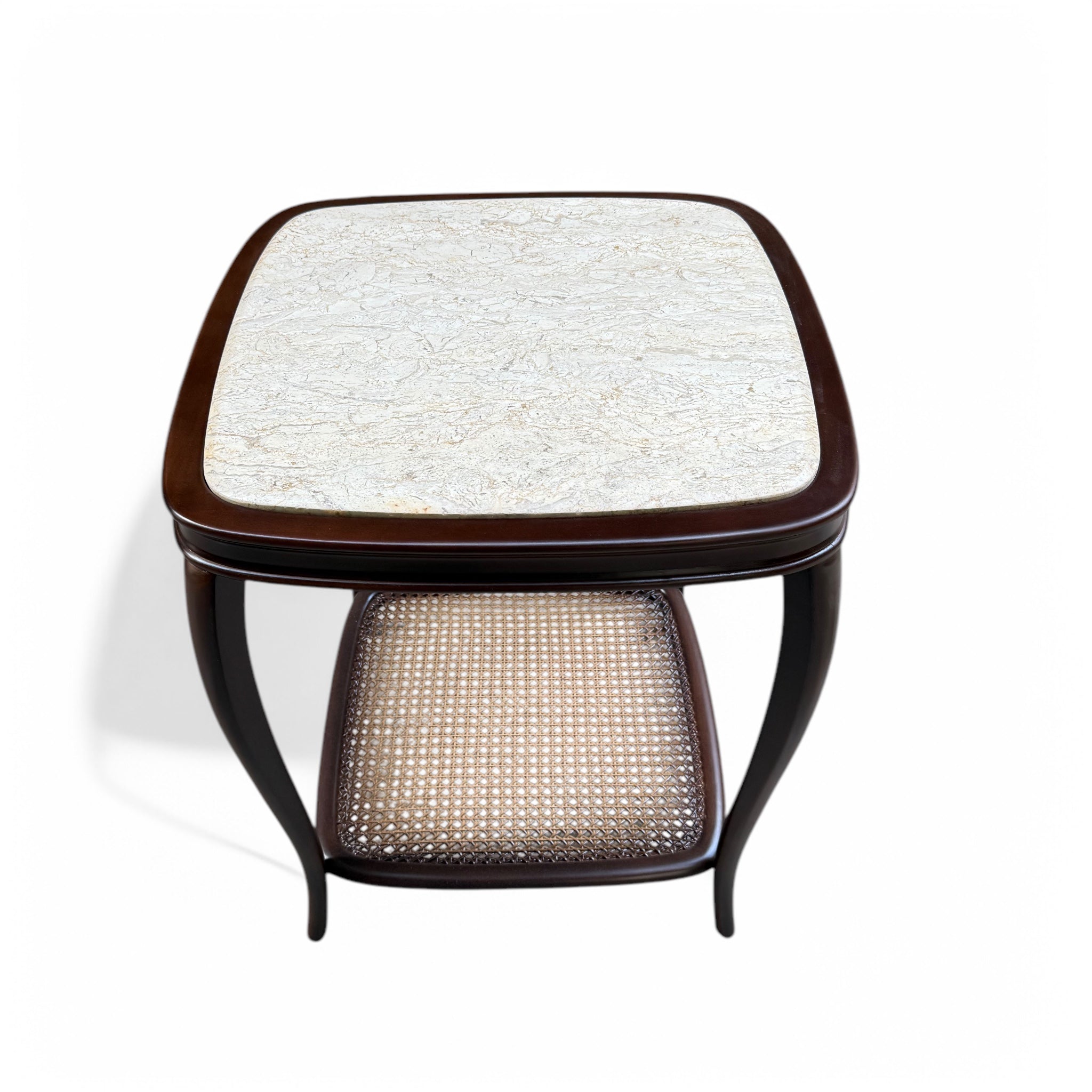 Brown side table inlaid with cane