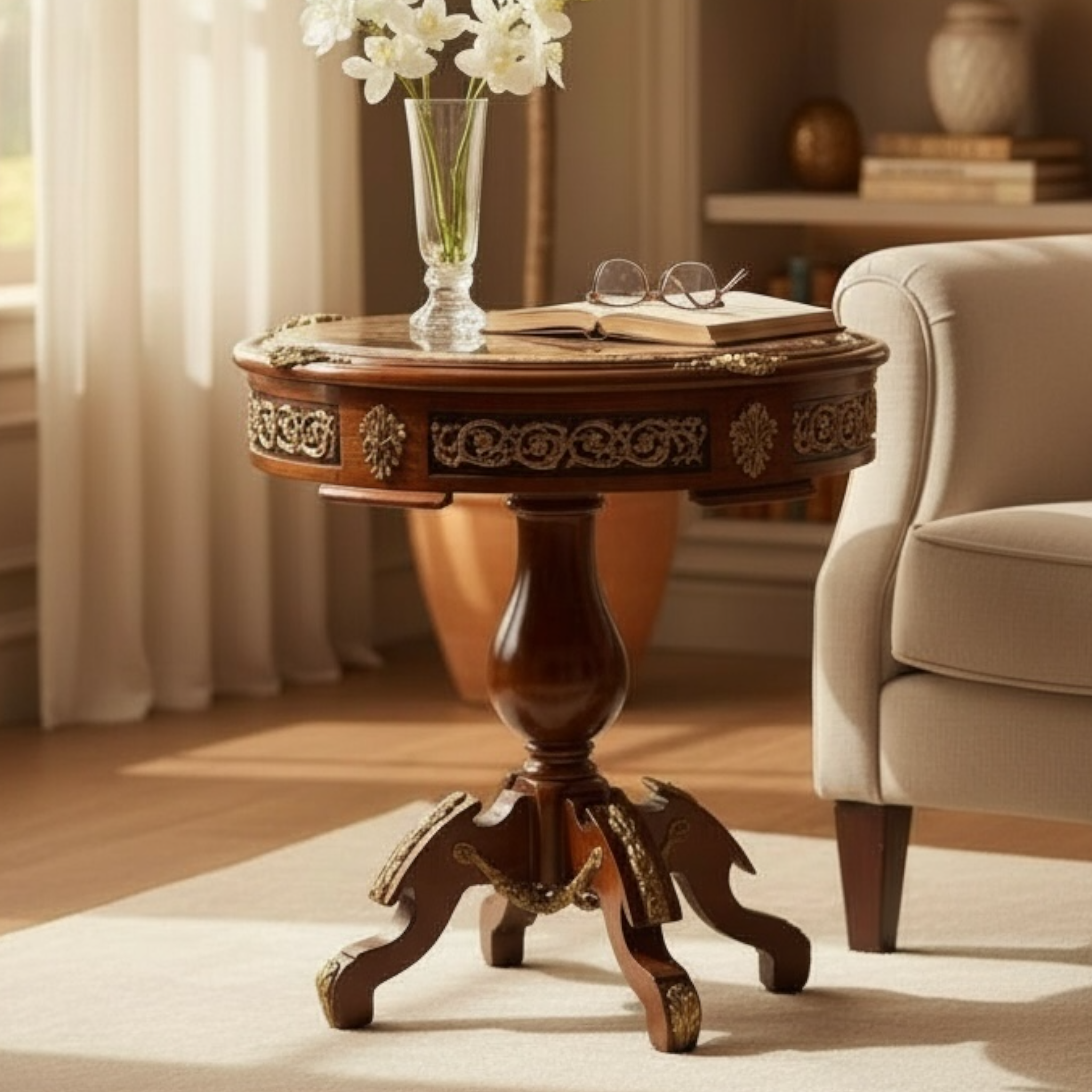 ترابيزة دائرية مطعمة بالنحاس وقرصة رخام امبرادور