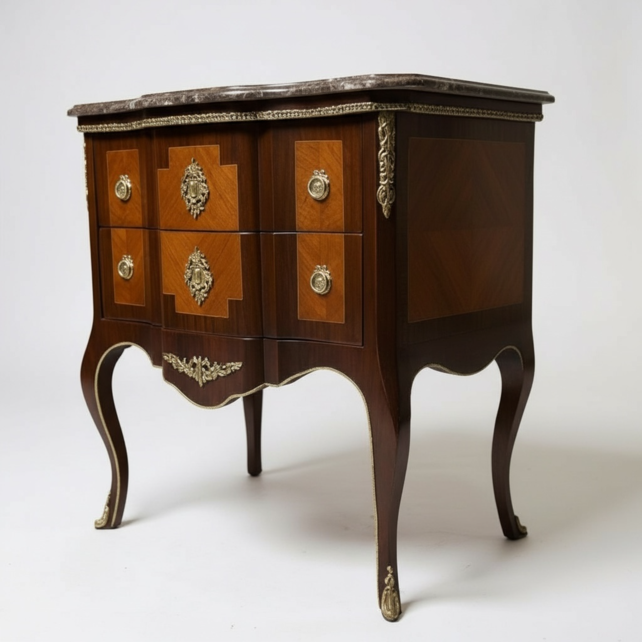 كومود فرنساوي 2 درج مطعم بالنحاس مع رخام امبرادور