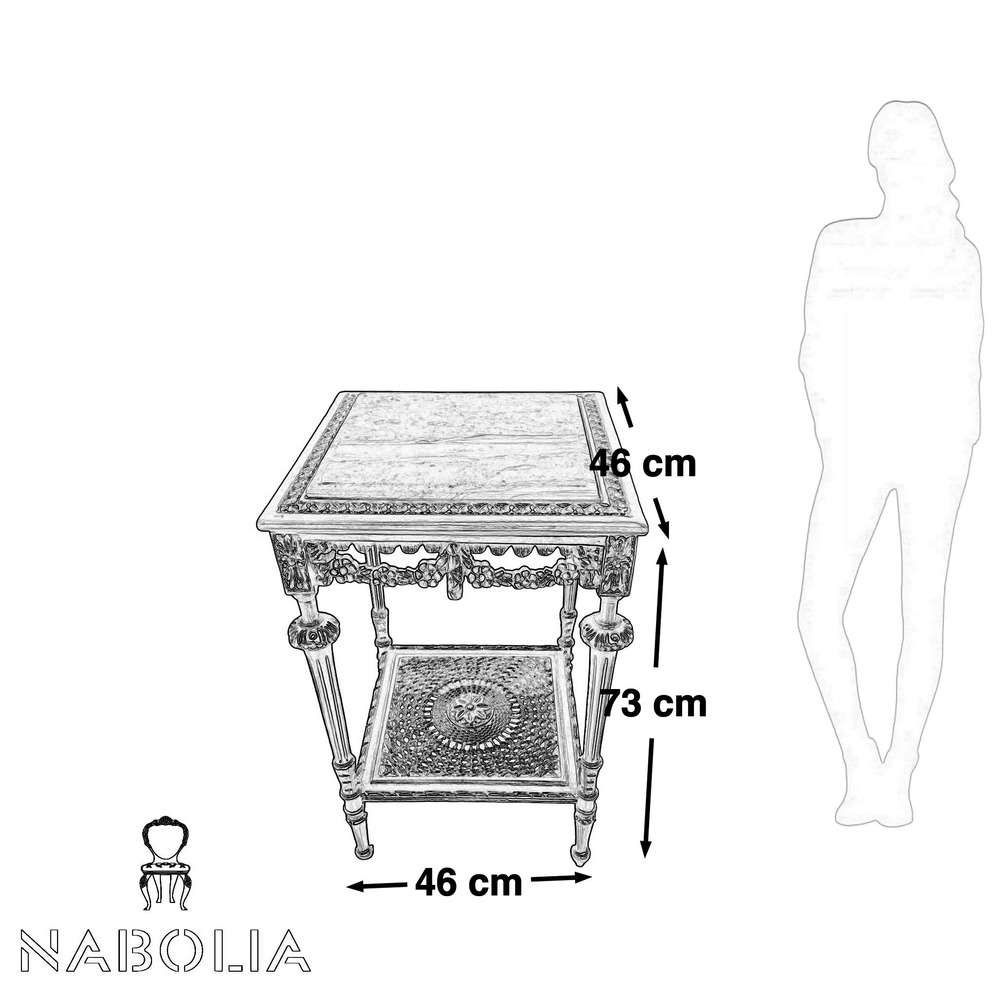 ترابيزة ركن فاخرة بزخارف نحاسية وقرصة رخام - طاولة ركن أنيقة بتصميم كلاسيكي مميز مصنوعة من خشب الزان المتين، مطلية بلون ذهبي فاخر مع زخارف يدوية تضيف لمسة فخامة. القرصة من الرخام الطبيعي، والرف السفلي يتميز بتصميم شبكي مزخرف فني يعزز جمالها ويضيف طابعًا تراثيًا ساحرًا الخاماتالهيكل: خشب زان طبيعيالسطح: رخام طبيعيالرف السفلي: إطار مزخرف بلون ذهبي المقاساتالعرض: 46 سمالارتفاع: 73 سمالعمق: 46 سم