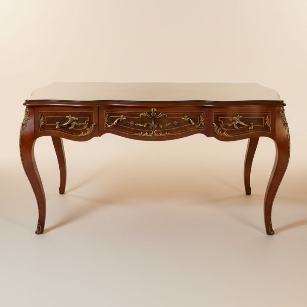 مكتب استر خشب زان بني فاتح بتطعيم نحاس وتصميم كلاسيكي فاخر