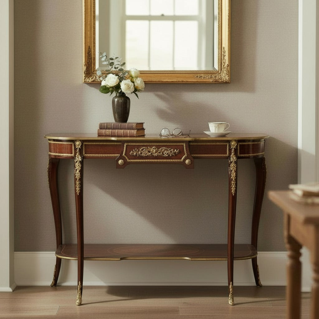 كونسول كلاسيك بدرج ورف سفلي بزخارف نحاس