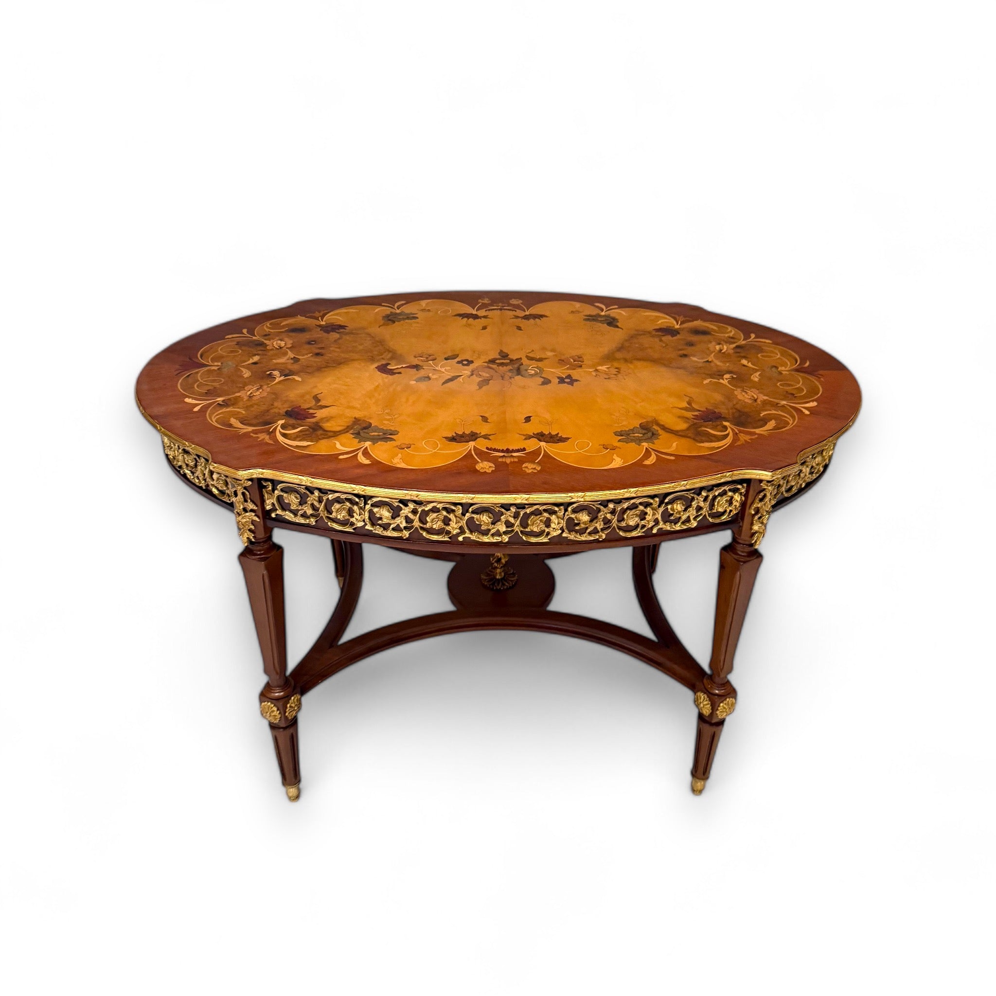 French Style Table Set - 3 Pieces Antique with Marquetry and Brass Inlay