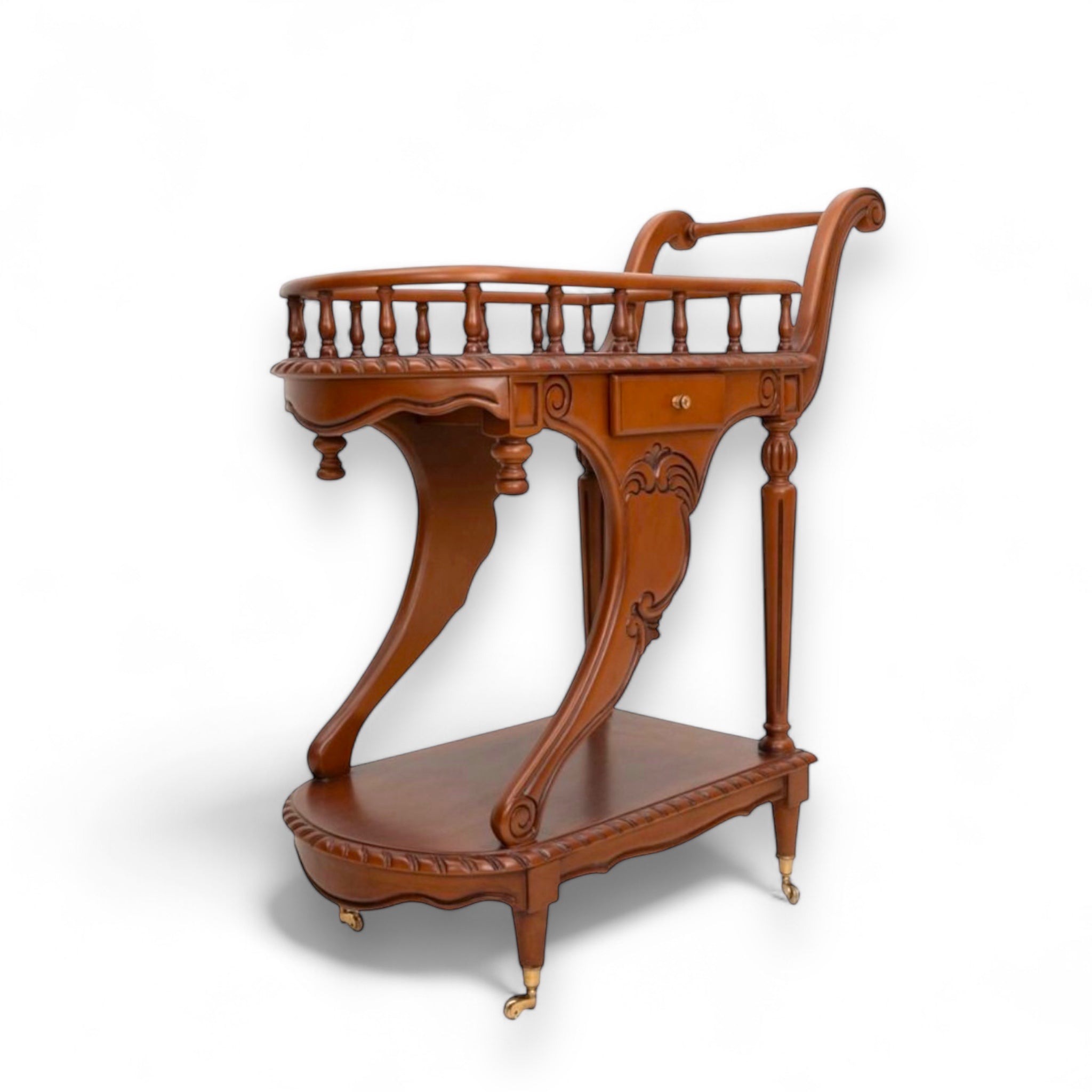 تروللي شاي كلاسيك بني – تصميم فاخر بدورين ودرج تخزين - قطعة أنيقة تجمع بين العملية والفخامة. تروللي شاي بتصميم كلاسيك مميز من خشب الزان الطبيعي مع قشرة فاخرة، بلون بني دافئ وتفاصيل منحوتة تضيف لمسة من الرقي. مزود بدرج عملي لتخزين الأدوات الصغيرة، مع دورين لعرض وتقديم المشروبات، وعجل ذهبي في الأرجل لسهولة الحركة. مثالي للمجالس الكلاسيكية أو ركن الضيافة، ويضيف لمسة تراثية أنيقة لأي مساحة. الخامةخشب زان طبيعي – قشرة طبيعية – عجل معدني ذهبي – دهان استر بني المقاساتالعرض 95 سم × العمق 45 سم × الارتفاع 85 سم