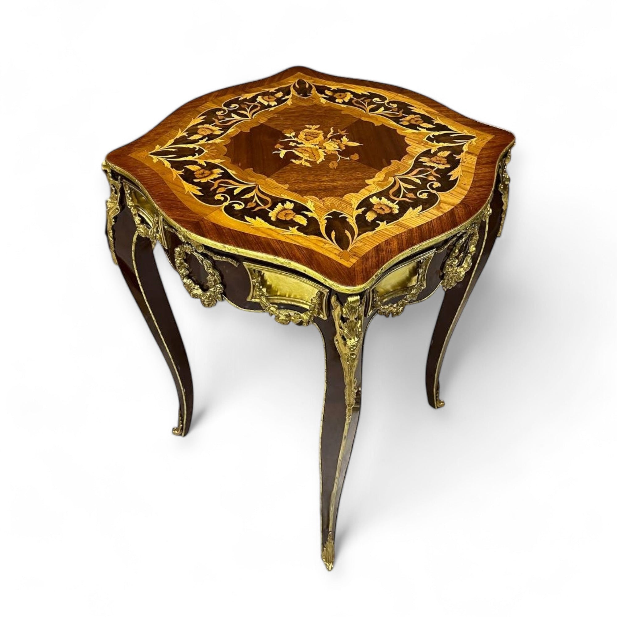 French style table set - marquetry and luxurious hand-carved brass