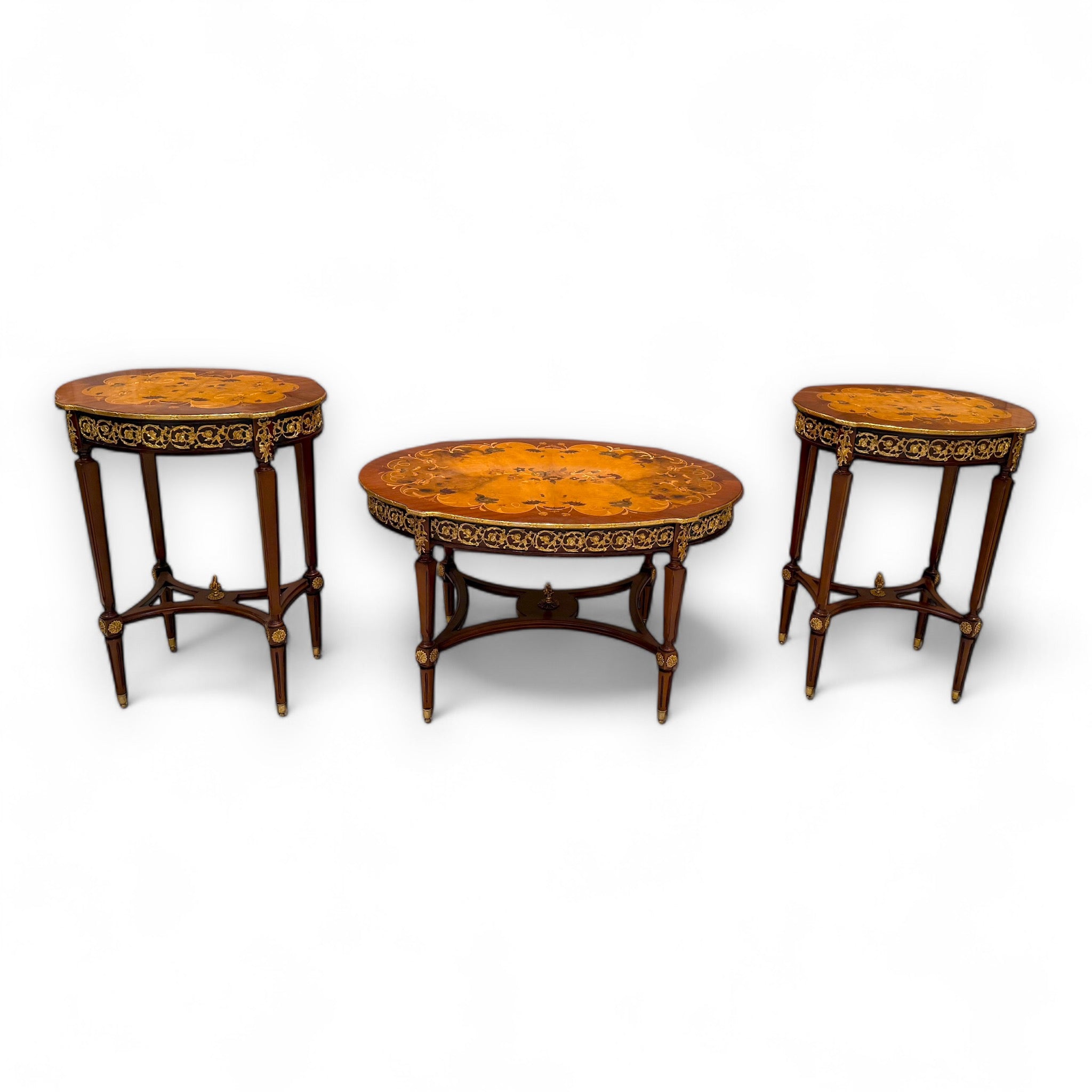 French Style Table Set - 3 Pieces Antique with Marquetry and Brass Inlay