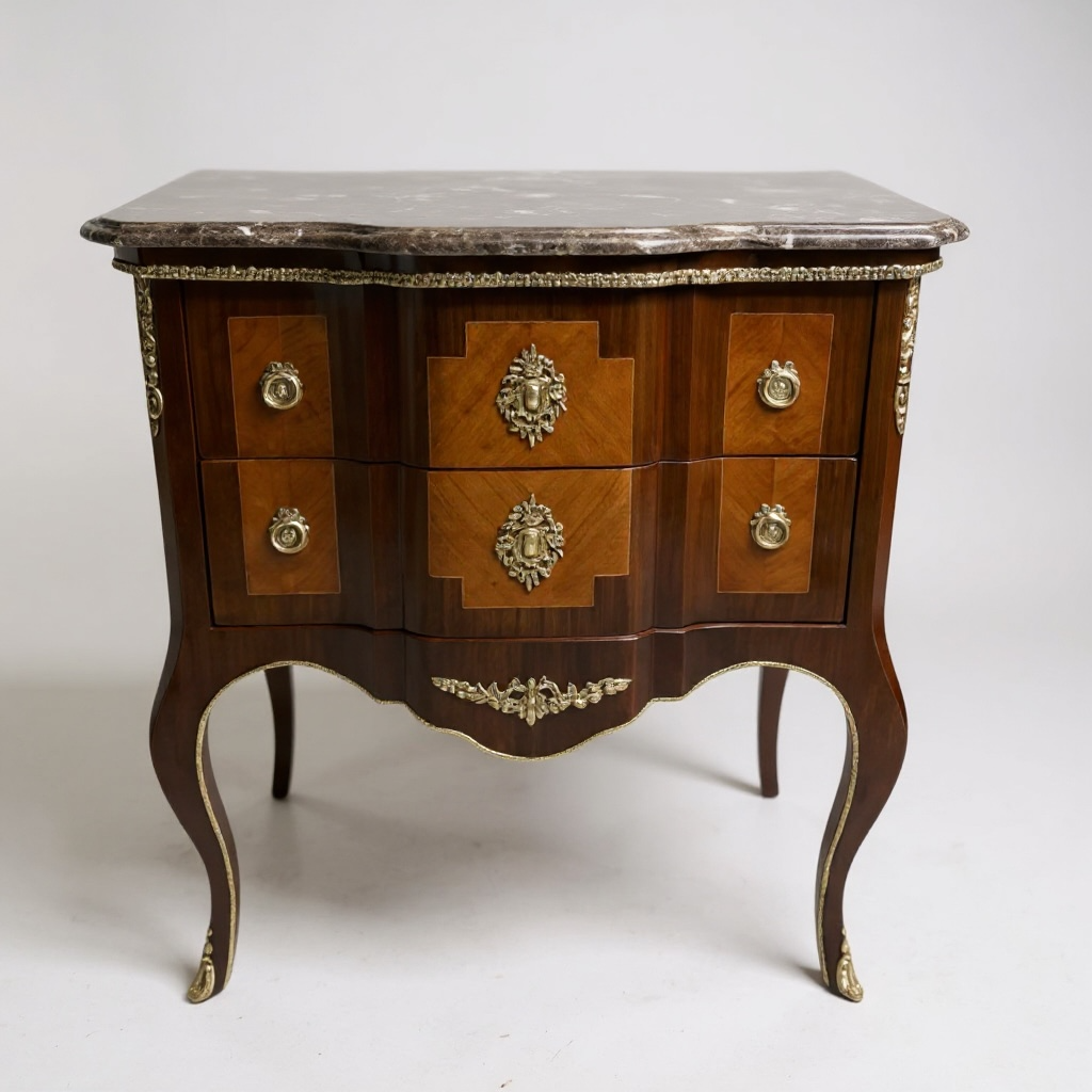 كومود فرنساوي 2 درج مطعم بالنحاس مع رخام امبرادور