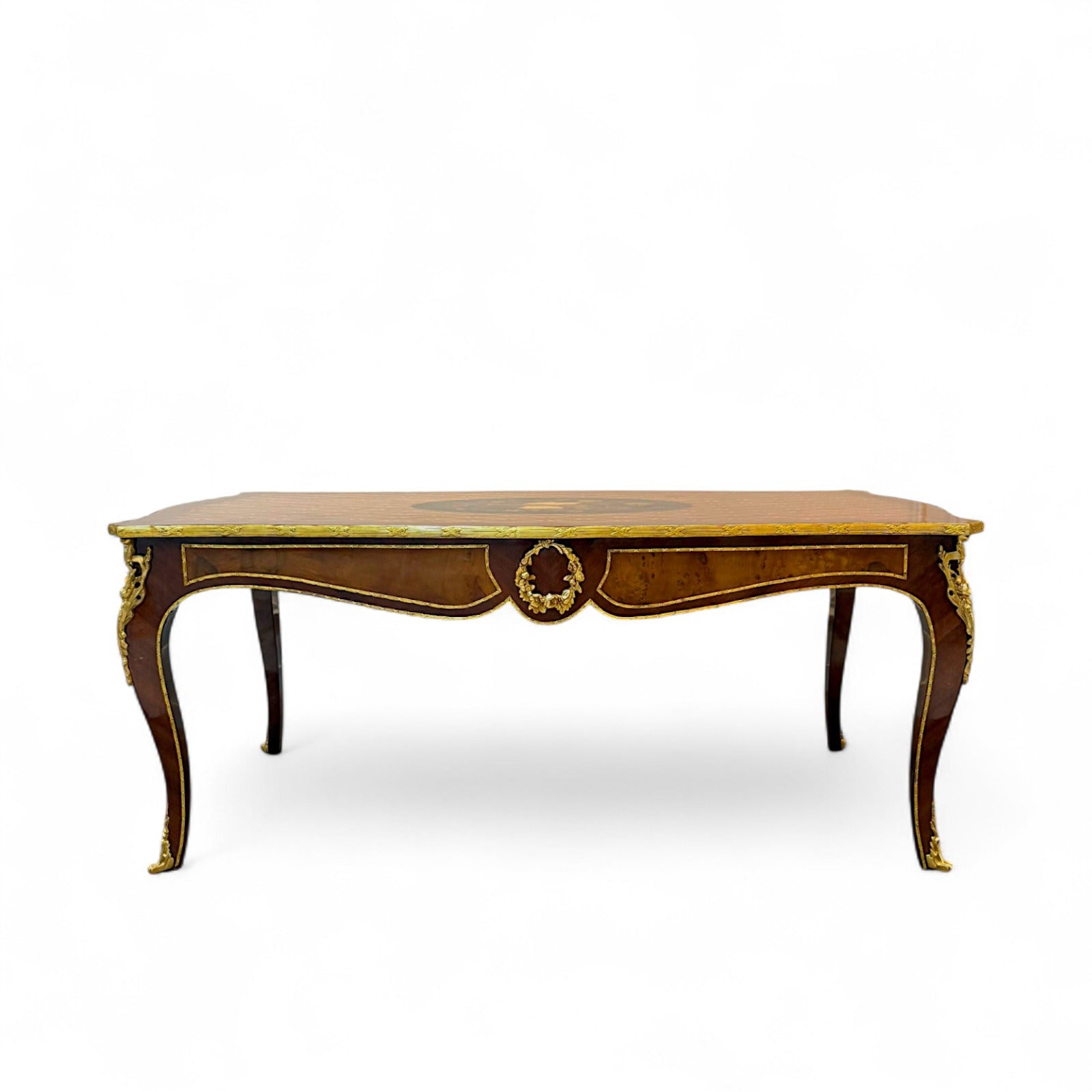 Luxury marquetry center table with copper inlays