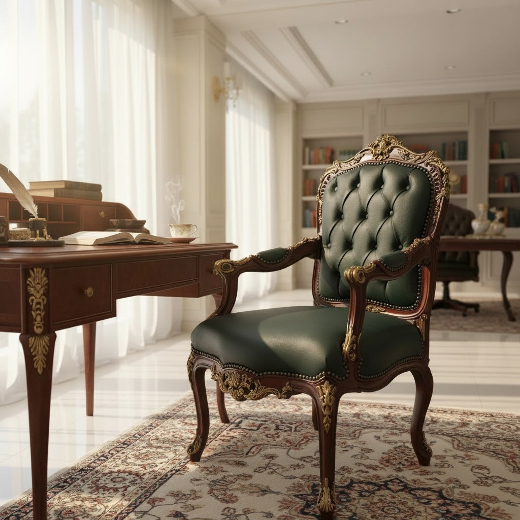 كرسي كلاسيك فاخر من الخشب الزان بجلد إيطالي أخضر