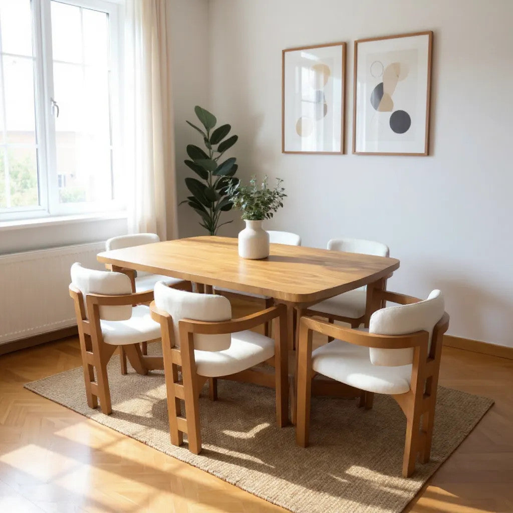 Dining table and six chairs made of natural wood