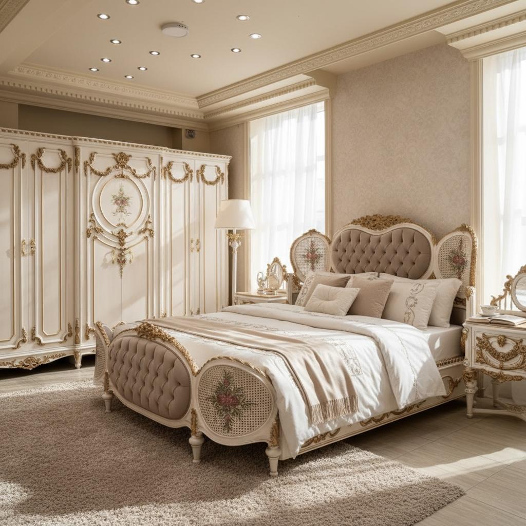 غرفة نوم كلاسيك فاخرة بتصميم ملكي مزخرف