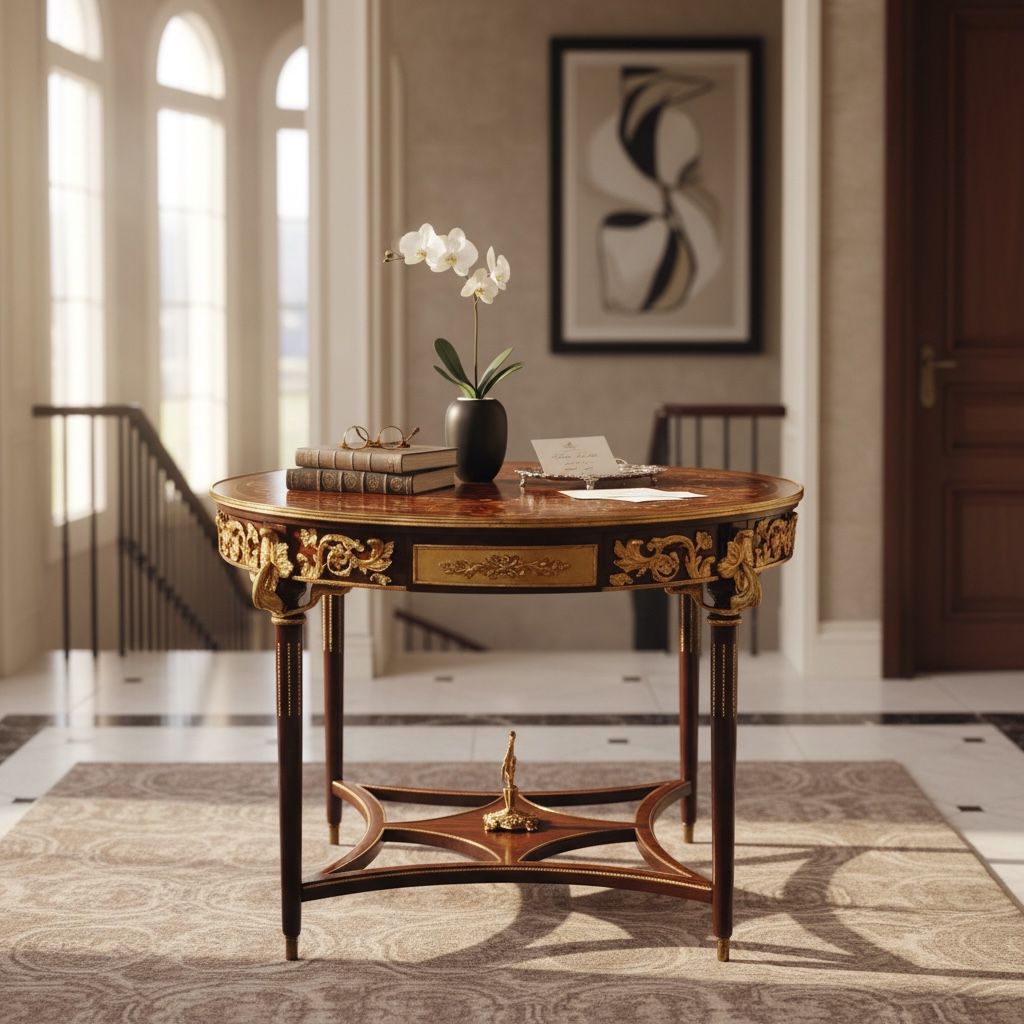 ترابيزة مدخل أنتيك دائرية ماركتريه بتطعيمات نحاس