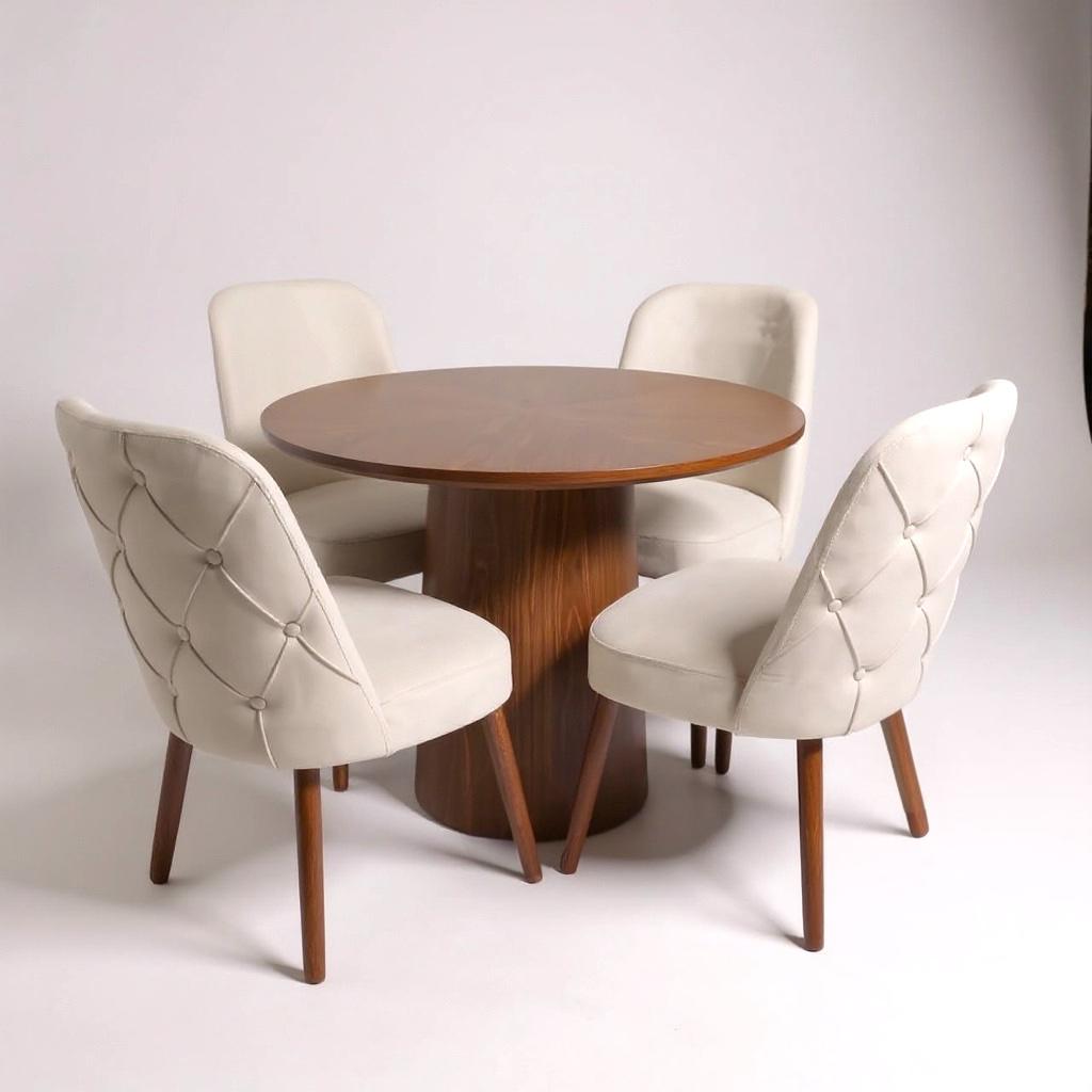 Modern round dining set with 4 chairs, wood and light upholstery