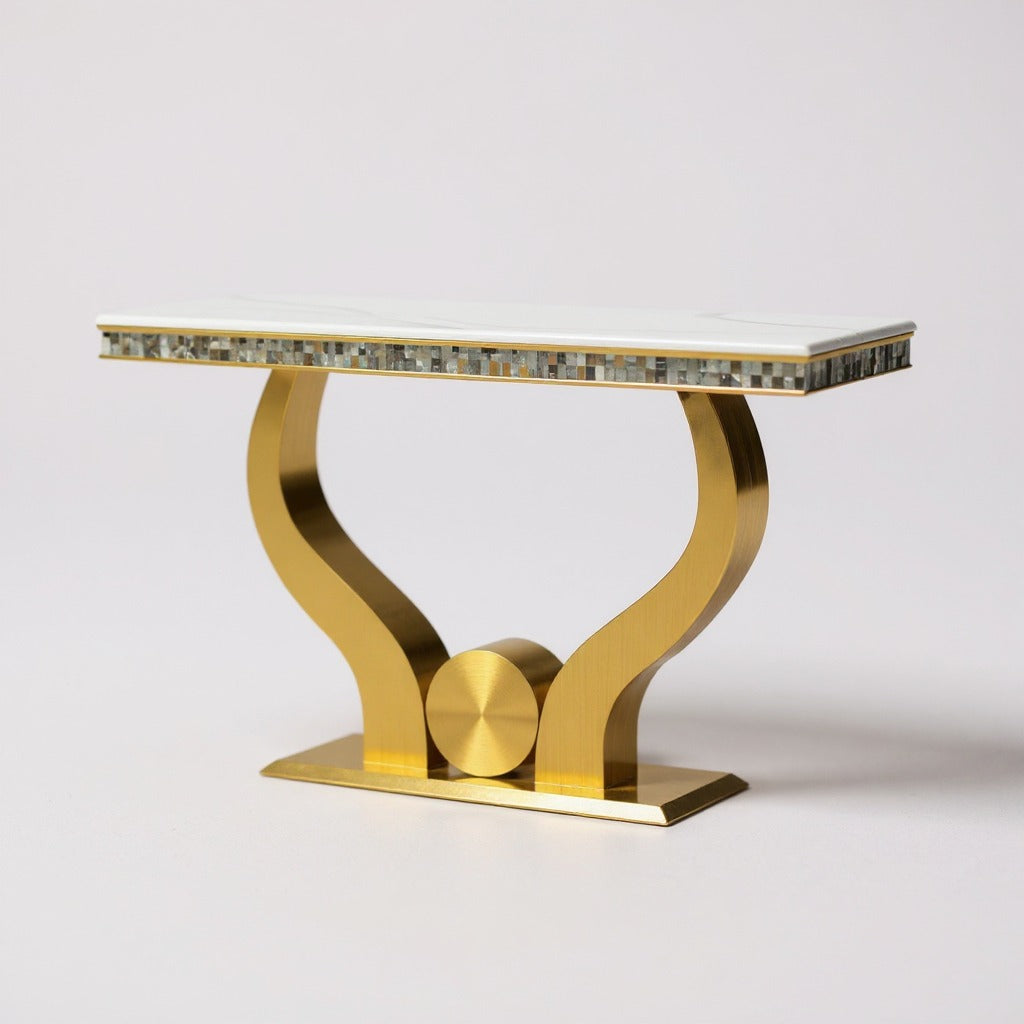 كونسول مدخل مودرن بقاعدة معدنية ذهبية وسطح مزخرف