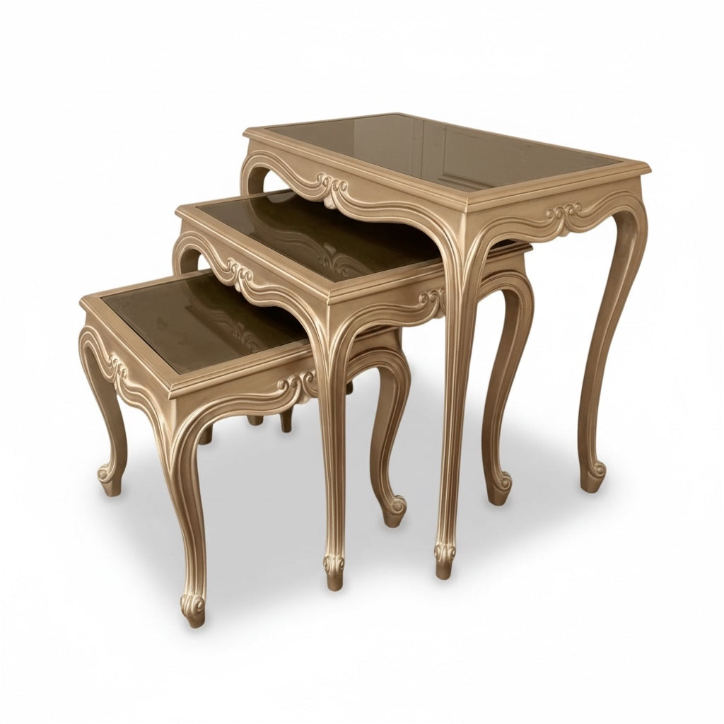 طقم ترابيزات متداخل شامبين بزجاج فاميه – 3 قطع - Nabolia