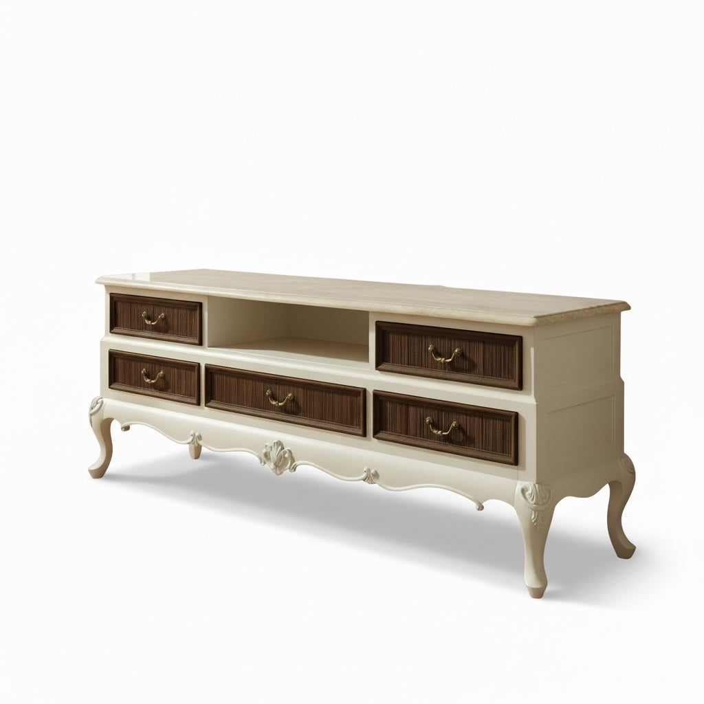 وحدة تلفزيون خشب زان بتصميم كلاسيكي فاخر بتداخل اللون البني مع الاوف وايت