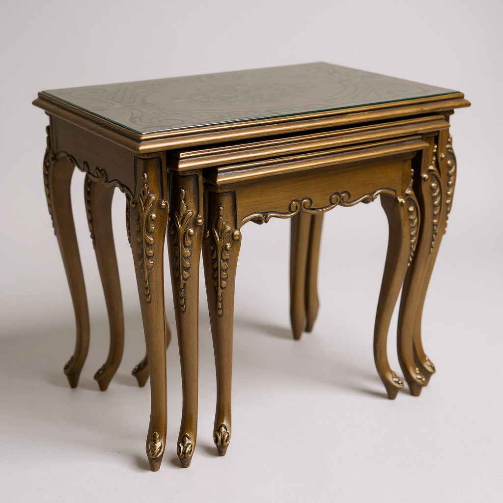 طقم ترابيزات كلاسيك ذهبي برسم يدوي وزجاج