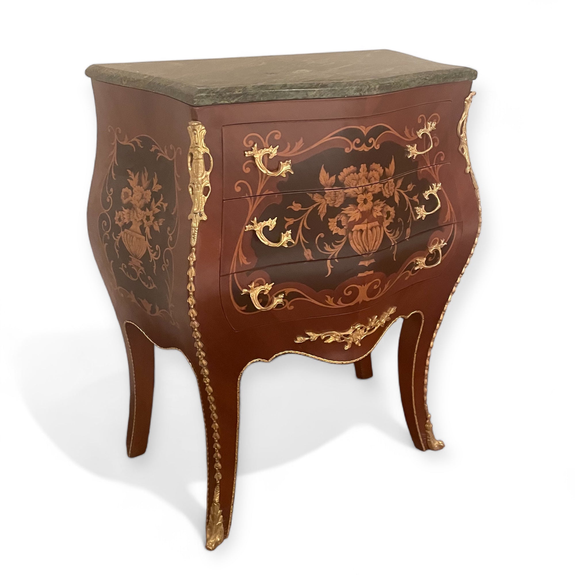 بايوه ماركتريه تلاتة درج مطعم بالنحاس - بايوه تلاتة درج ماركتريه طبيعي والقشرة الطبيعية و رخام اخضر هندي المقاسات: W 60 CM * H 75 CM * B 34 CM