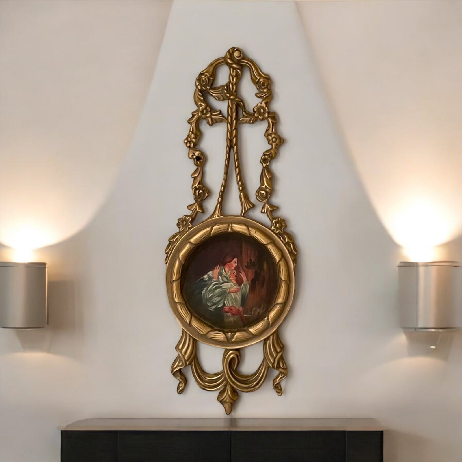 تعليقة ستارة - تعليقة ستارة أنتيك من الخشب الطبيعي والحفر اليدوي دهب قديم مع لوحة من الرسم اليدوي المقاسات: W 85 CM * H 32 CM