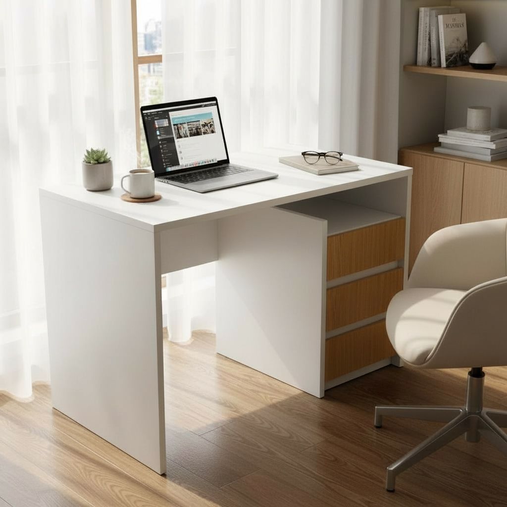 مكتب ثابت بثلاث أدراج وقفل مركزي – تصميم خشابي أبيض
