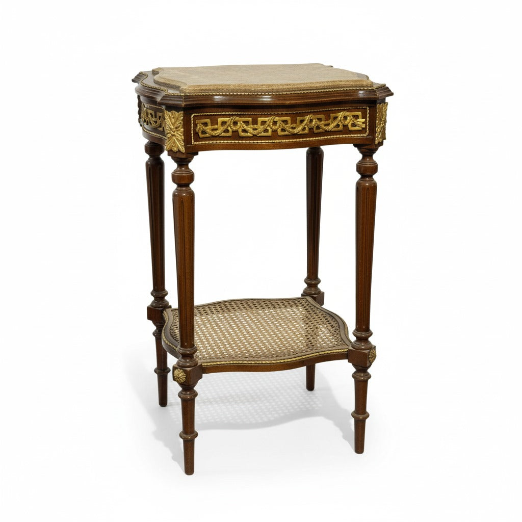 ترابيزة جانبية كلاسيك بسطح رخامي ورف سفلي