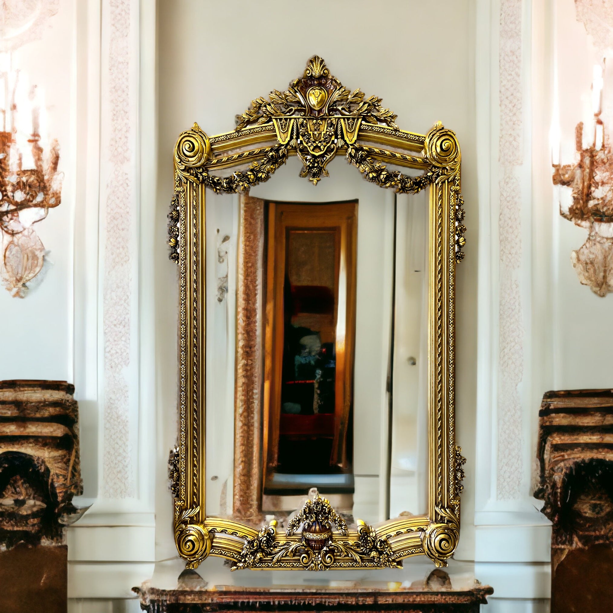 برواز ملكي دهبي - برواز انتيك فخم مصنوع من الخشب الزان الطبيعي والحفر اليدوي المميز لاضافة لمسة جماليه فخمة والدهان ورق دهب متأكسد و المرايا جريش المقاسات: W 140 CM * H 240 CM