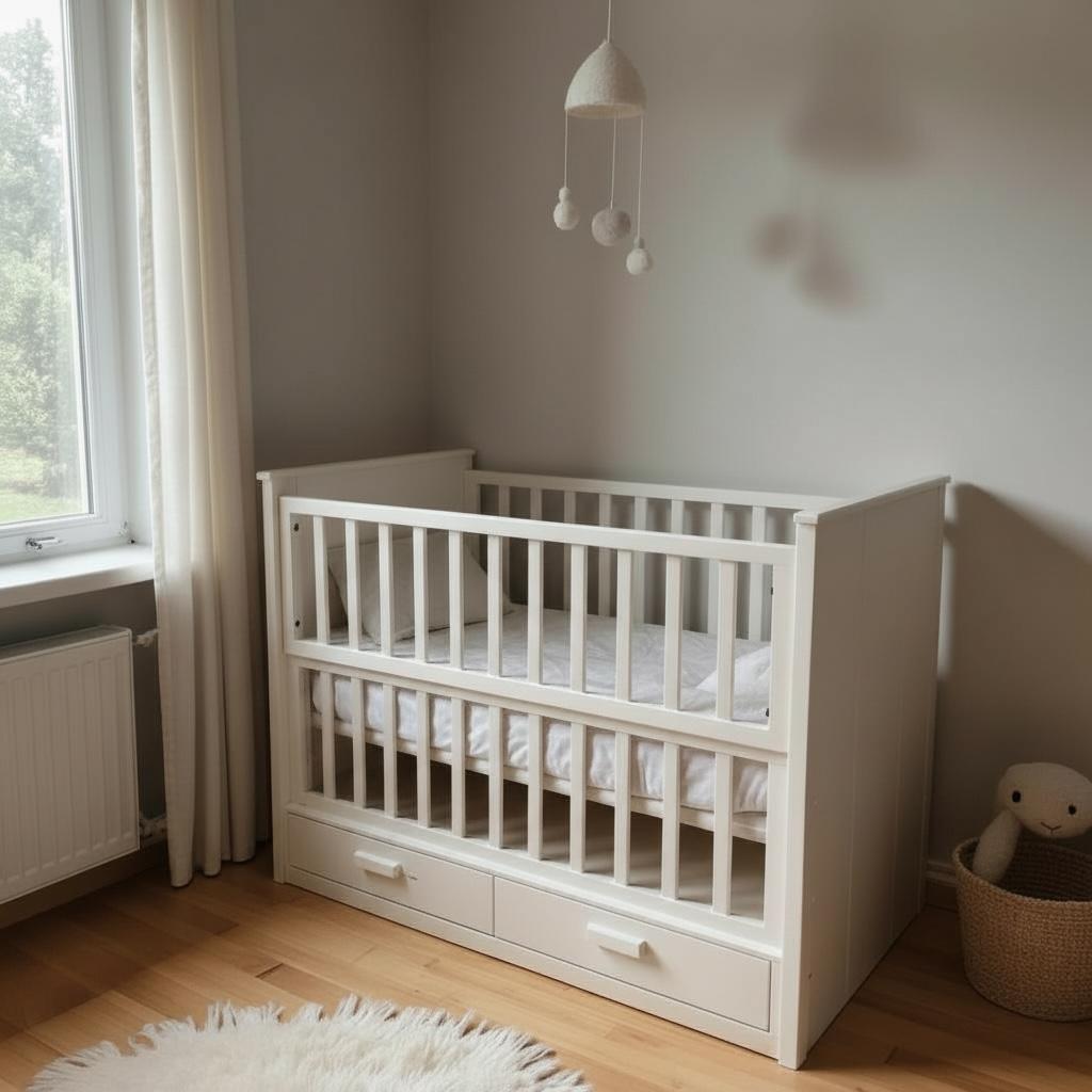 سرير أطفال خشبي أبيض بوحدة تخزين سفلية