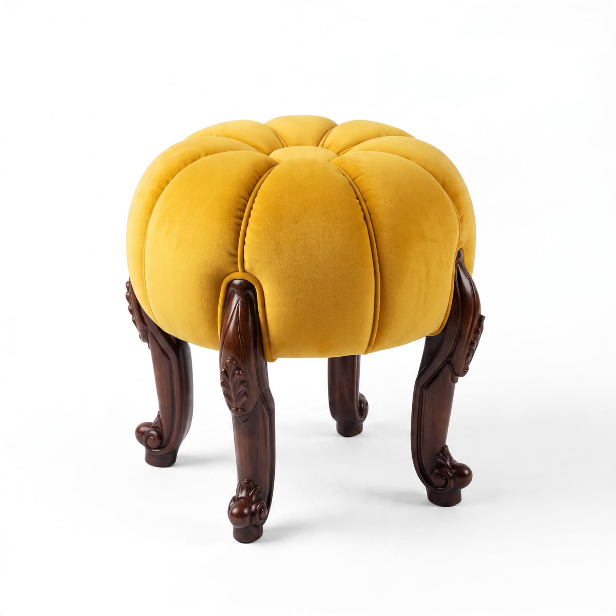 Classic round puff with hand-carved wooden base