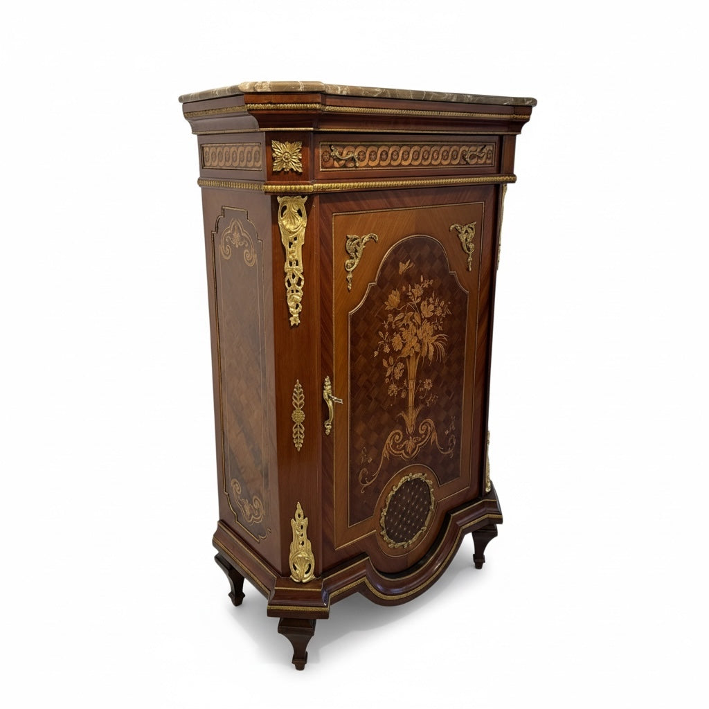 جزامة أنتيك خشب زان مطعمة بالنحاس بسطح رخامي