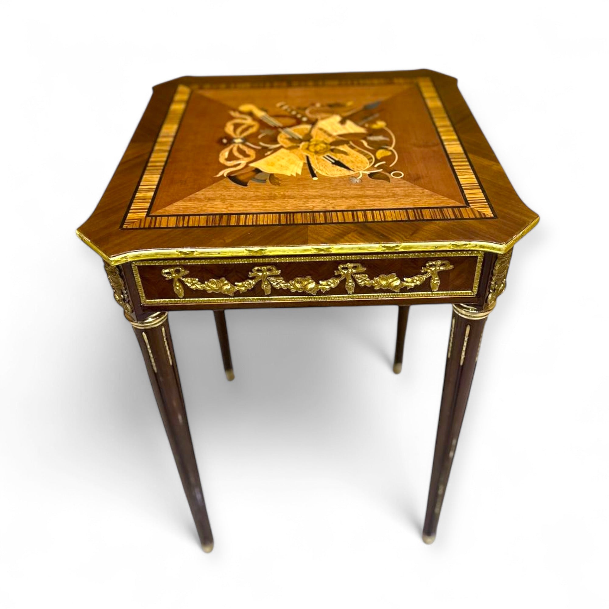 French style table set - marquetry and hand-crafted brass with antique details