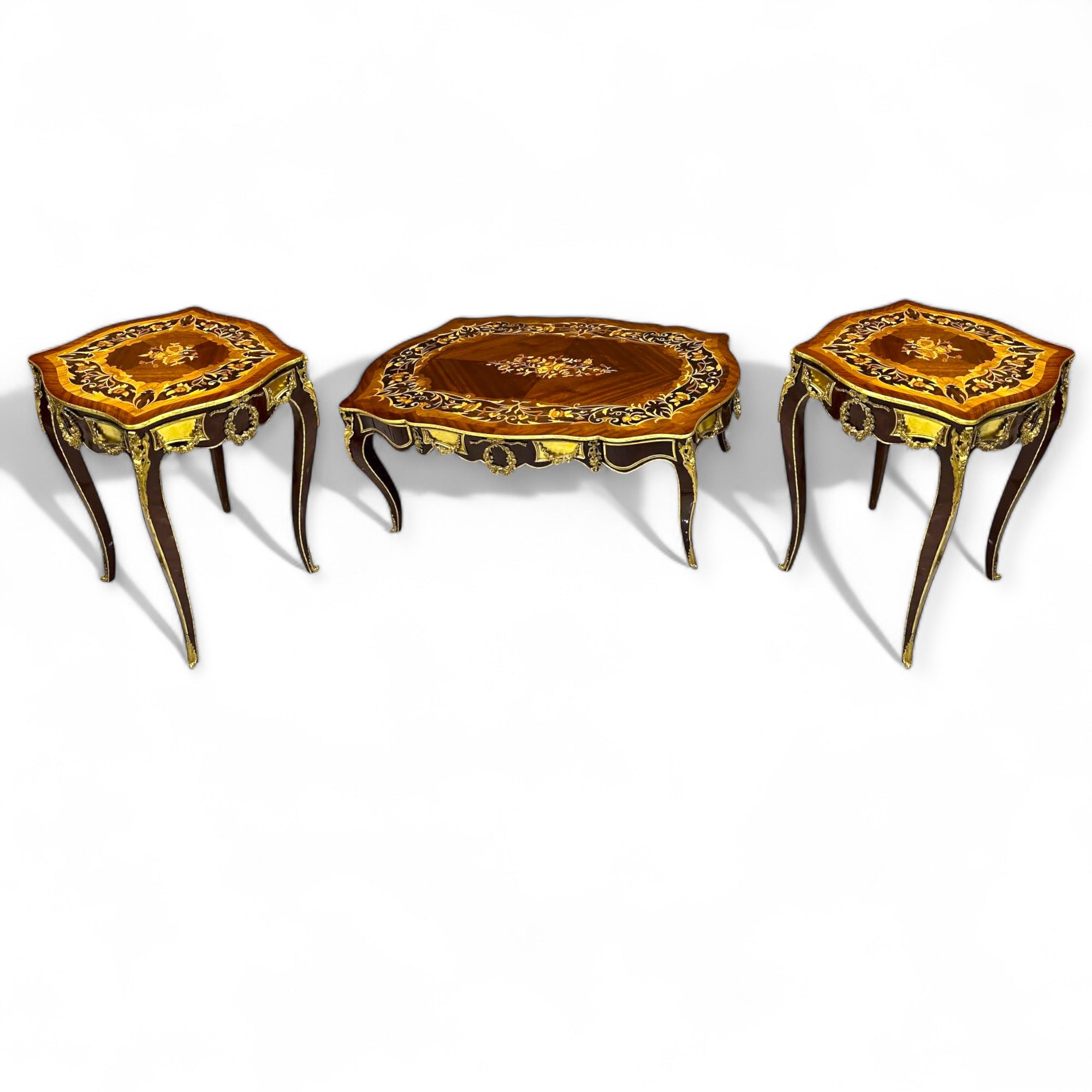 French style table set - marquetry and luxurious hand-carved brass