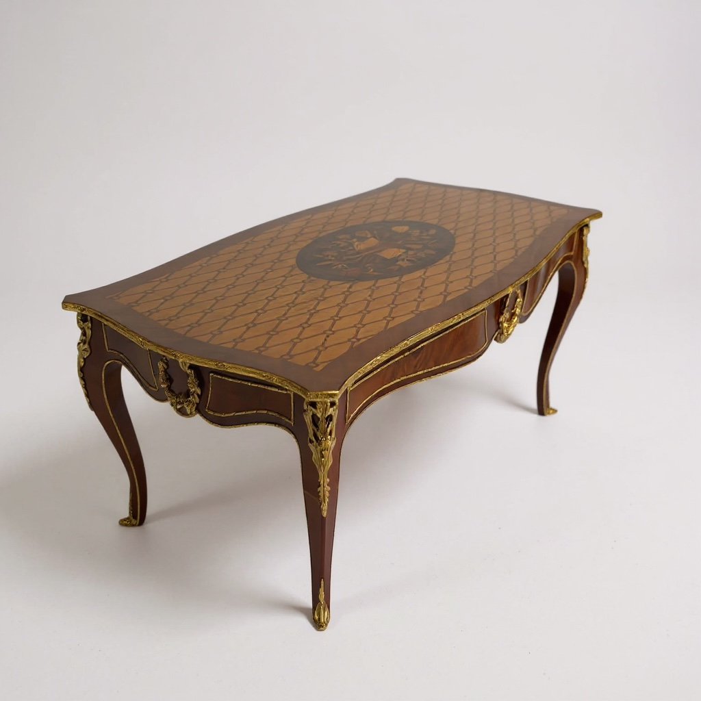 Luxury marquetry center table with copper inlays