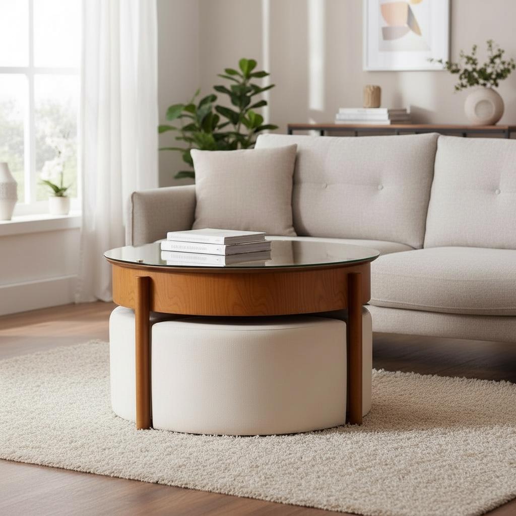 ترابيزة دائرية برافعة مع ٣ بف تنجيد – خشب زان أحمر