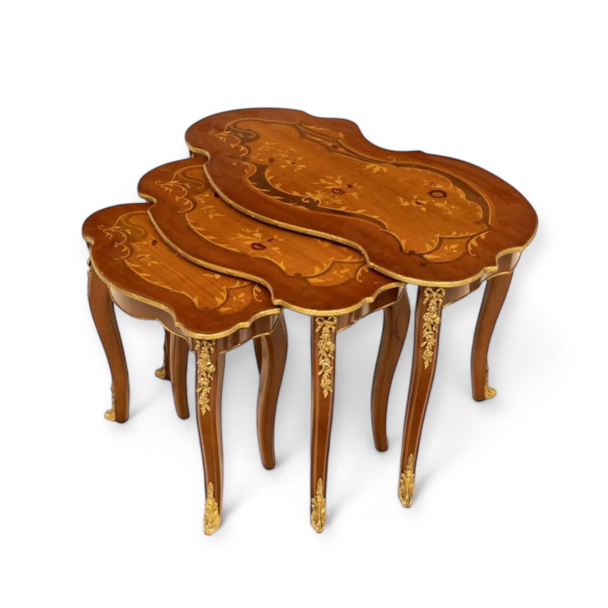 Rococo Table Set - 3 Pieces with Marquetry Inlay and Luxury Hand-Carved Brass