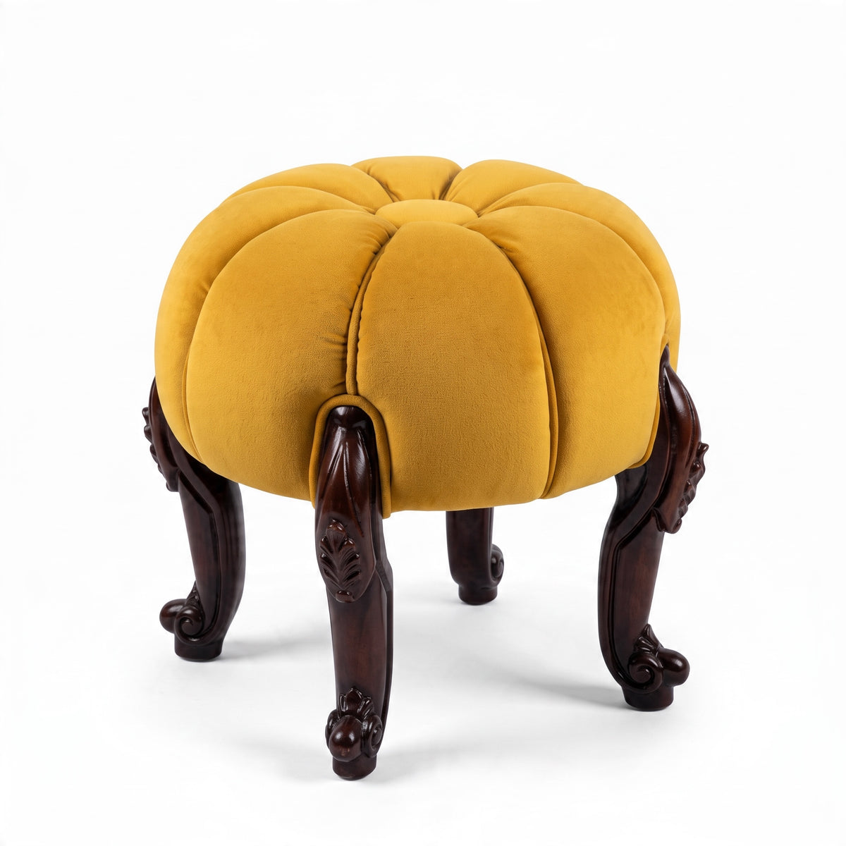 Classic round puff with hand-carved wooden base