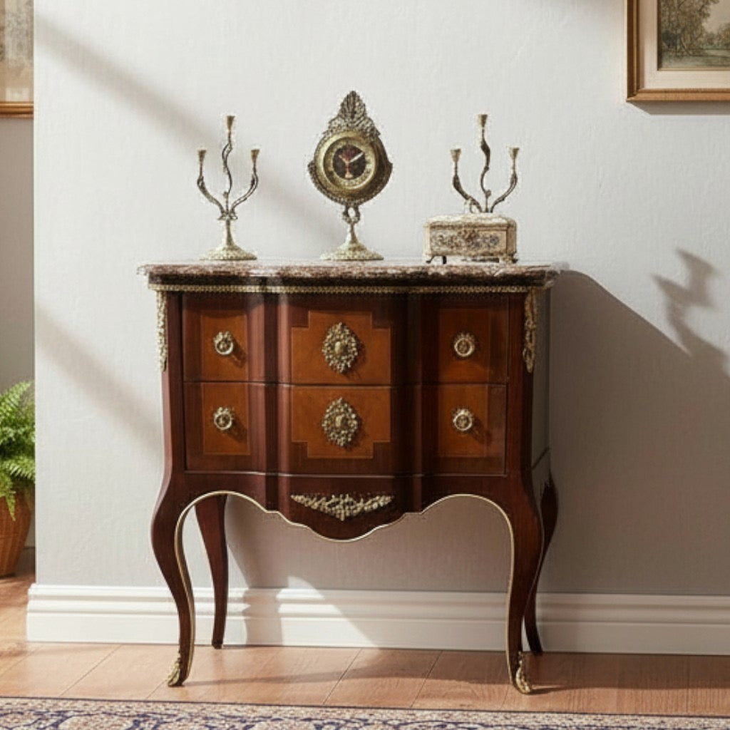 كومود فرنساوي 2 درج مطعم بالنحاس مع رخام امبرادور