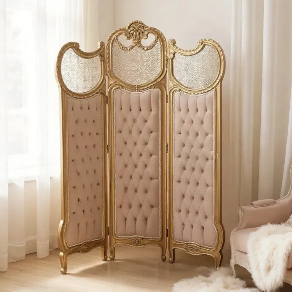 Dusty gold French capitone upholstery partition