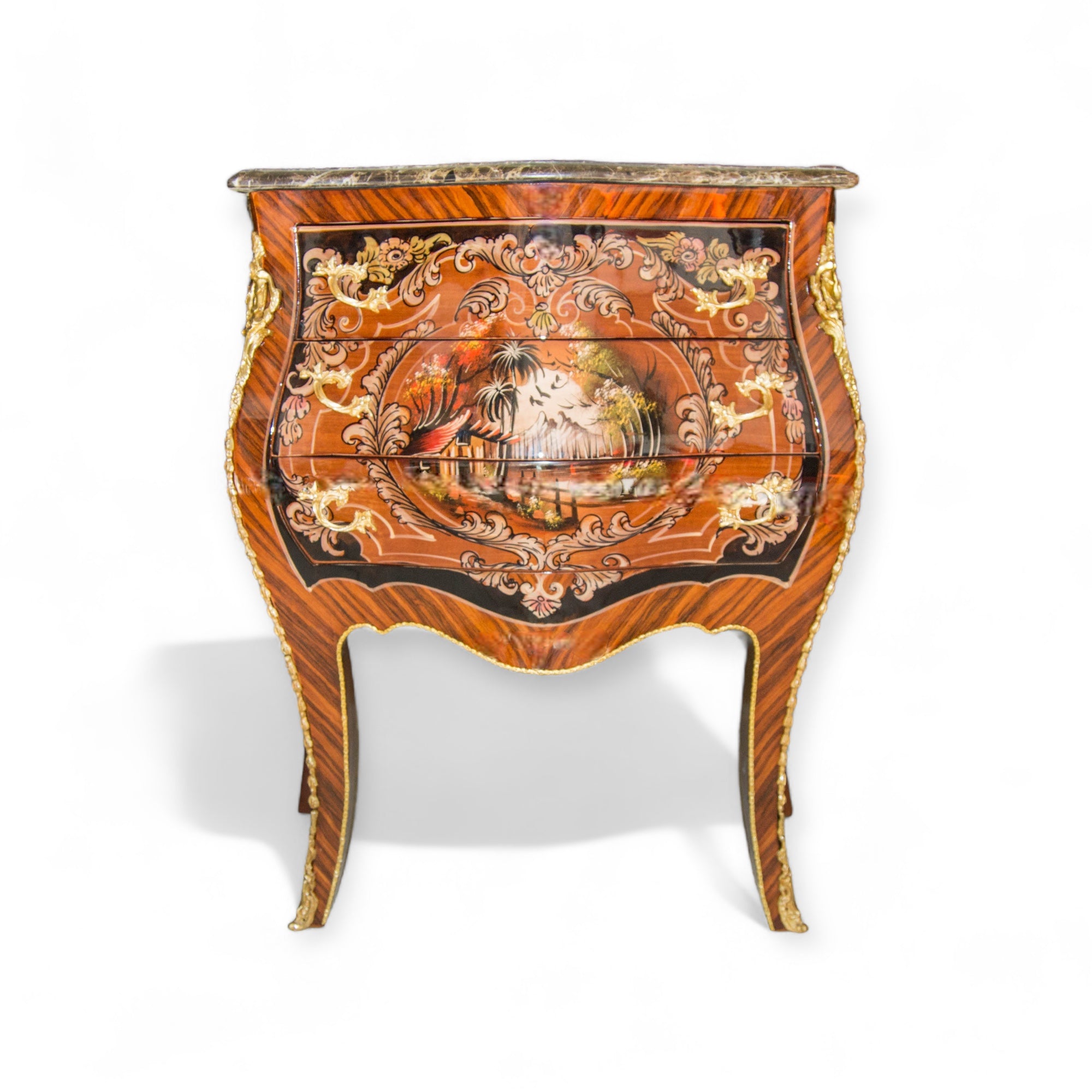 بايوه مطعم بالنحاس والرسم مقاس 65 سنتميتر - بايوه تلاتة درج مصنع من الاخشاب و القشرة الطبيعية مطعمة بالنحاس والرسم اليدوي و القرصة رخام المقاسات: W 65 CM * H 75 CM * B 35 CM