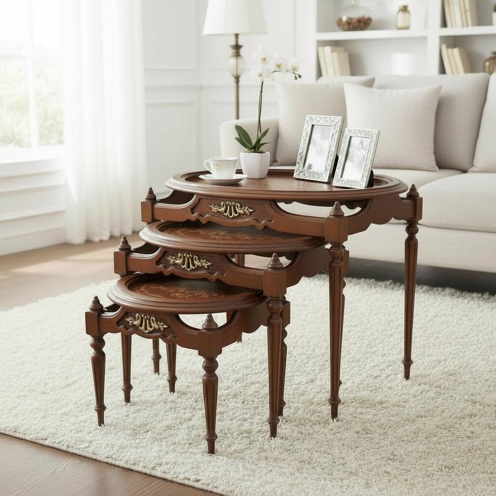 طقم ترابيزات متداخل بني مطعم بالماركتريه – 3 قطع