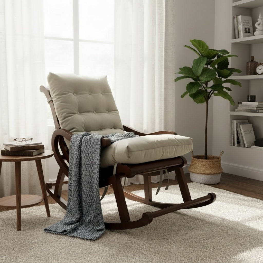 كرسي هزاز خشب بتنجيد مريح – متاح تغيير لون القماش - Nabolia