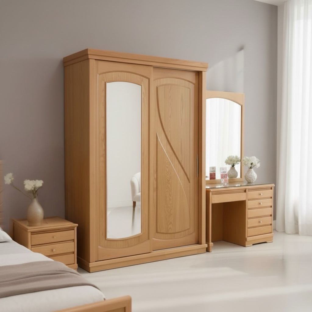 غرفة نوم مودرن خشب طبيعي بتصميم بسيط ولون خشبي