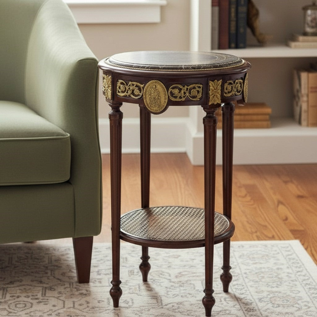 ترابيزة جانبية كلاسيك بسطح رخامي وتطعيم نحاس