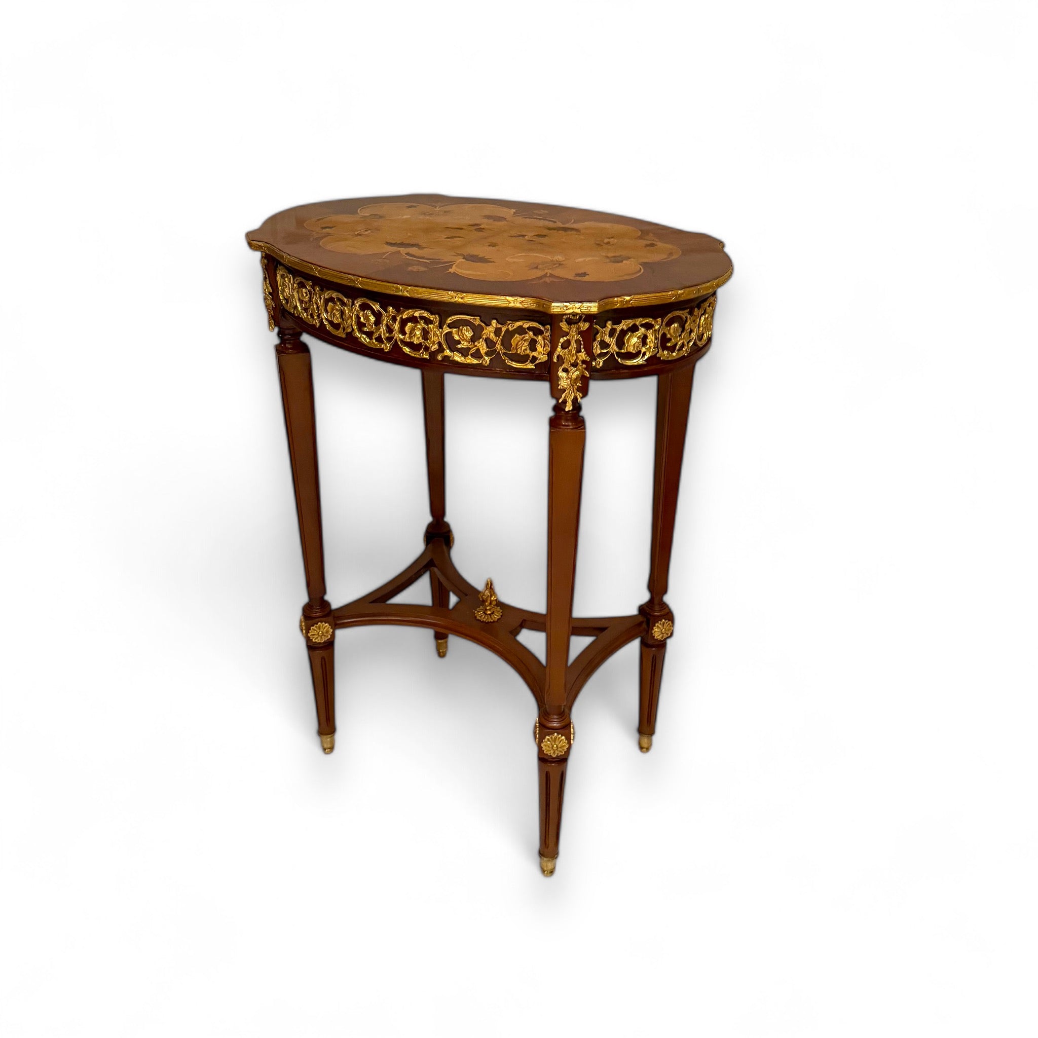 French Style Table Set - 3 Pieces Antique with Marquetry and Brass Inlay