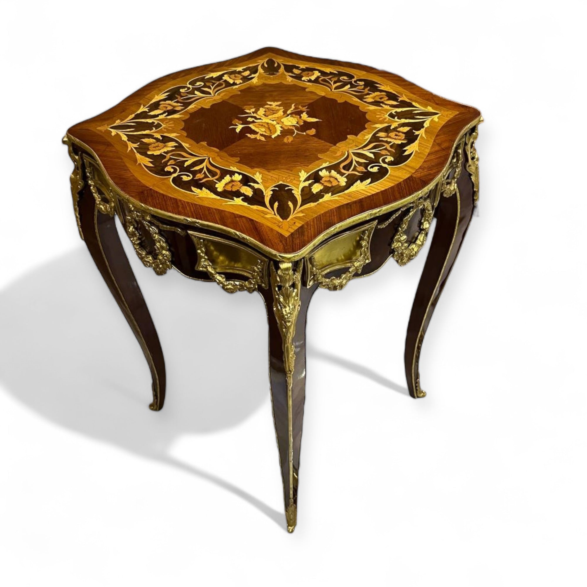 French style table set - marquetry and luxurious hand-carved brass