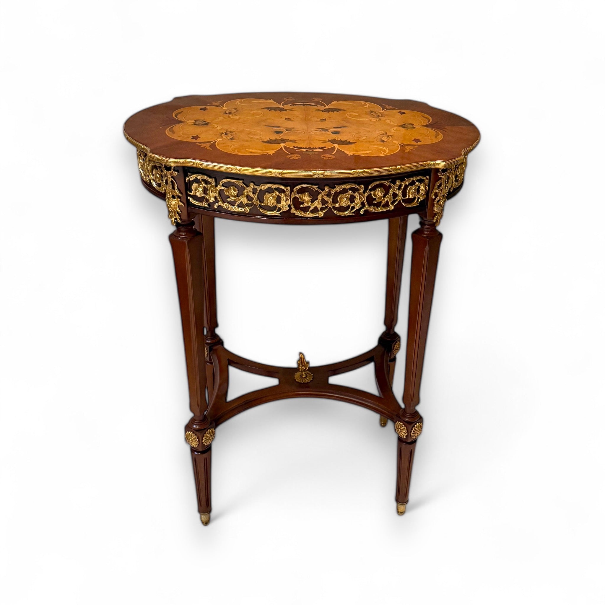 French Style Table Set - 3 Pieces Antique with Marquetry and Brass Inlay