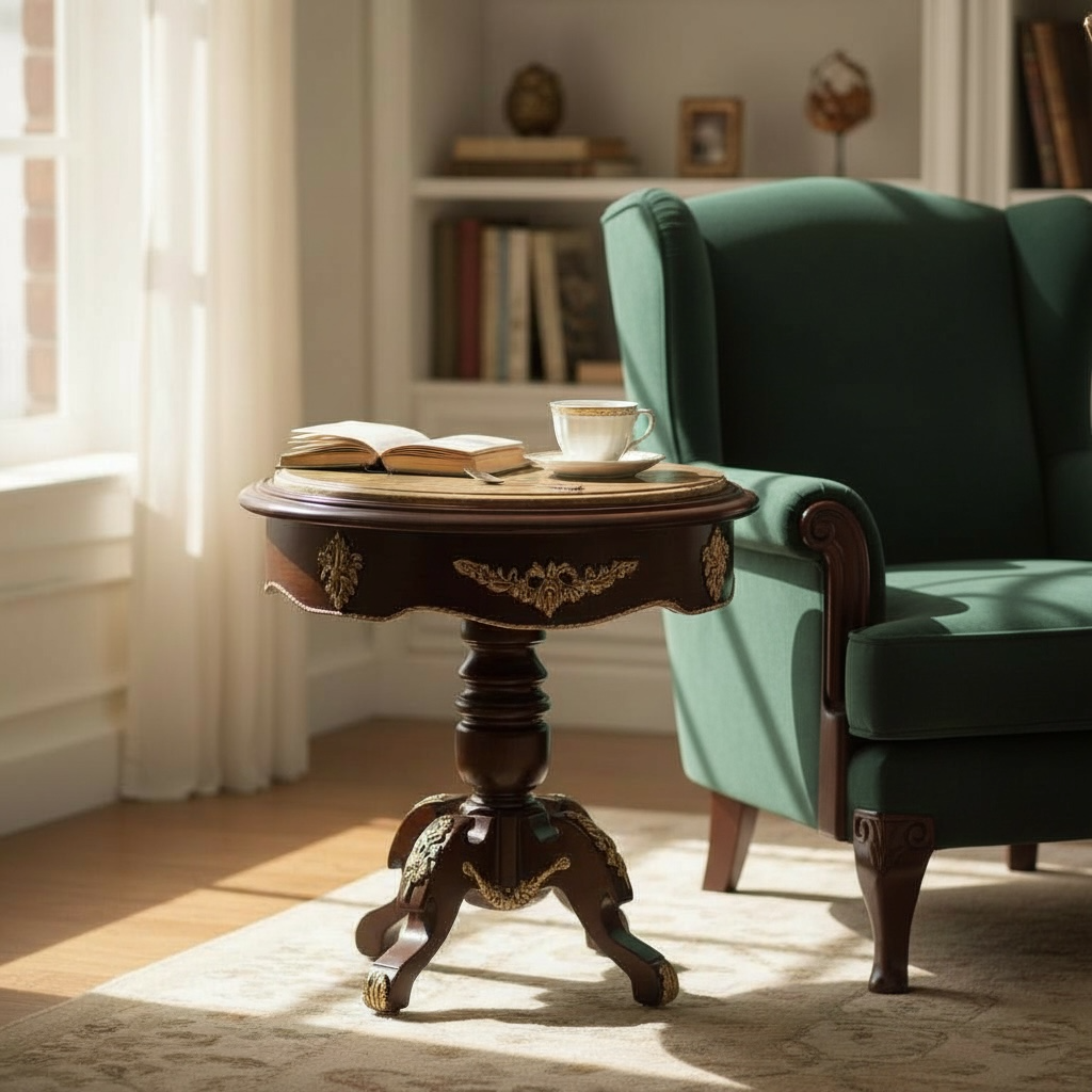 ترابيزة دائرية خشب طبيعي مطعمة بالنحاس وقرصة رخام امبرادور