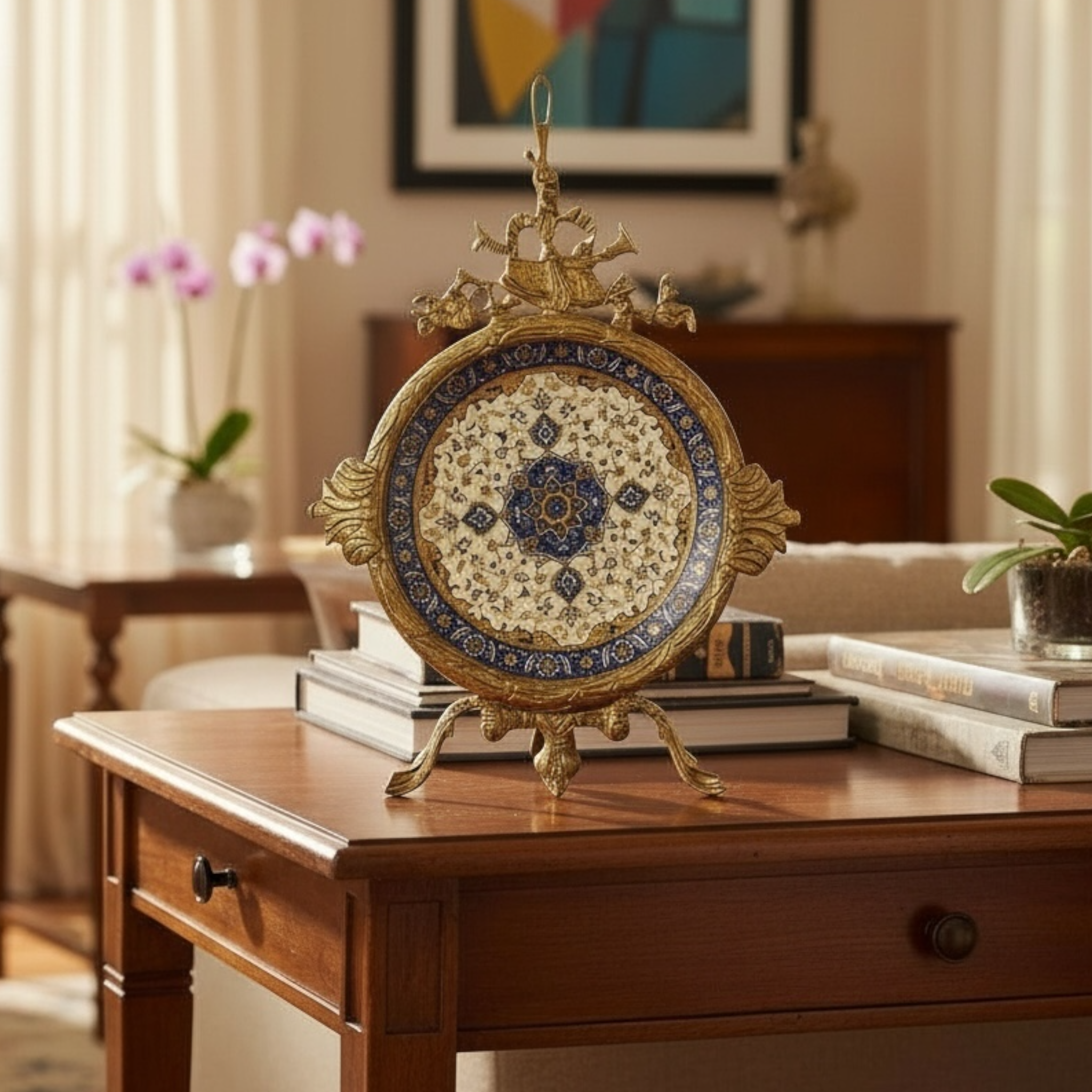 طبق خزف مع اطار نحاسي