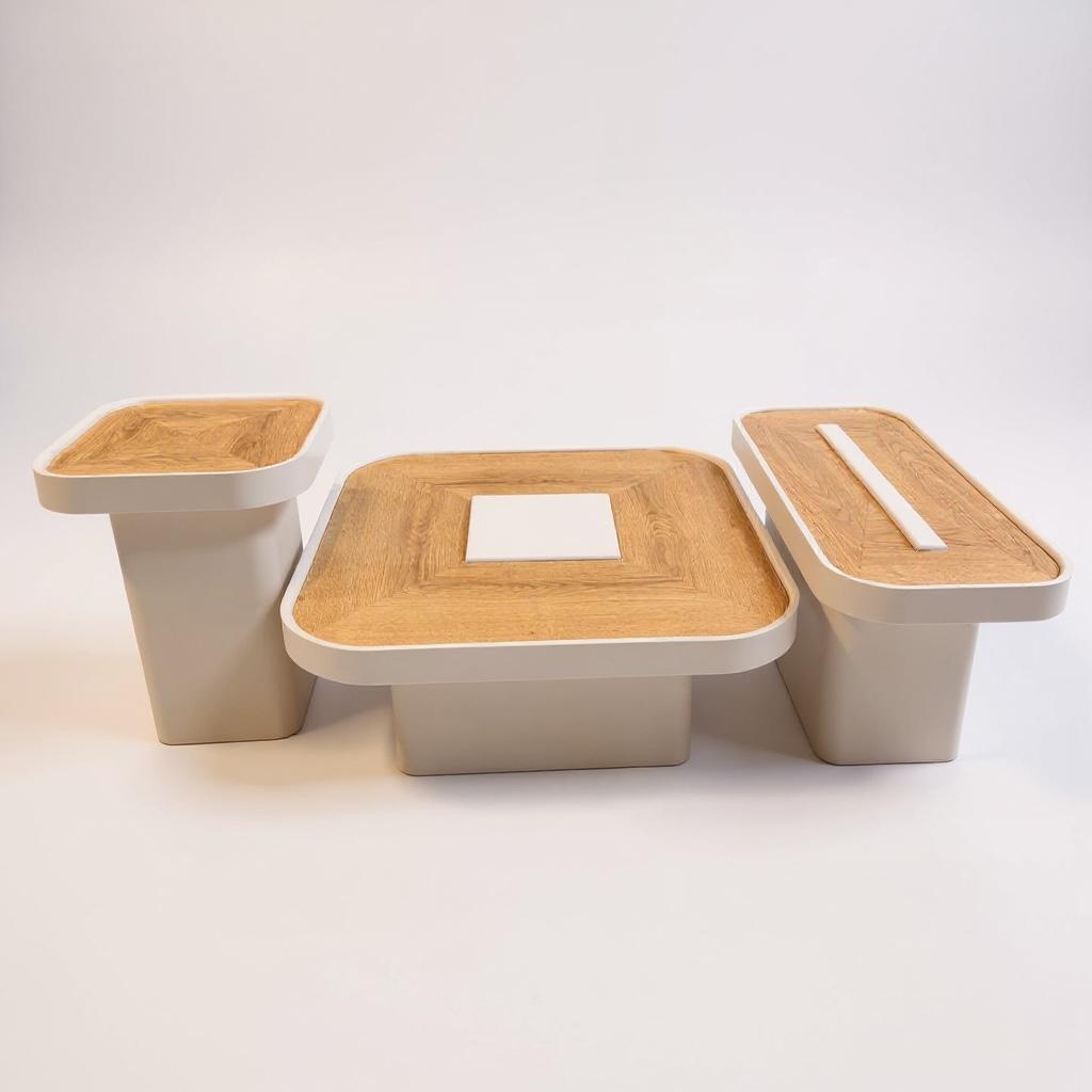 طقم ترابيزات مودرن ٣ قطع بتصميم خشابي وإطار أبيض