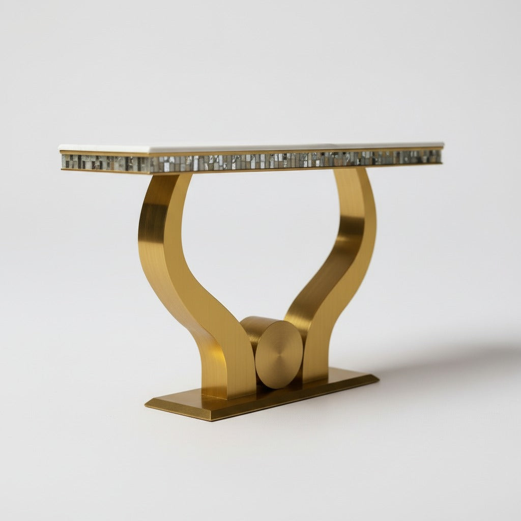 كونسول مدخل مودرن بقاعدة معدنية ذهبية وسطح مزخرف