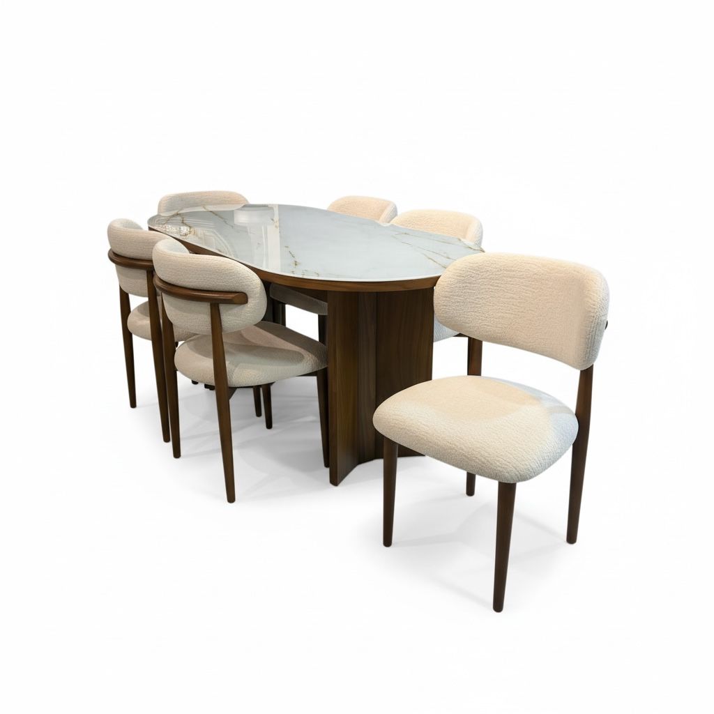 سفرة مودرن بسطح أبيض مع كراسي تنجيد أنيقة